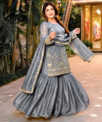 Grey silk blend embroidered sharara set 1