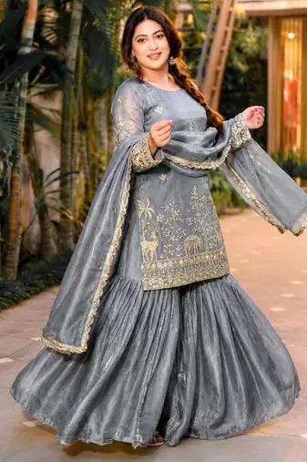 Grey silk blend embroidered sharara set
