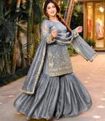 Grey silk blend embroidered sharara set