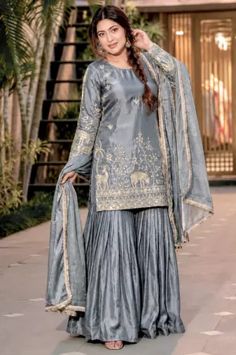 Grey silk blend embroidered sharara set