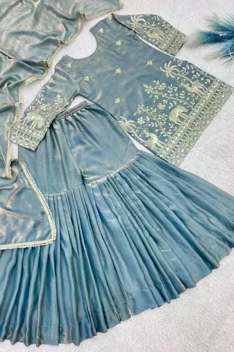 Grey silk blend embroidered sharara set