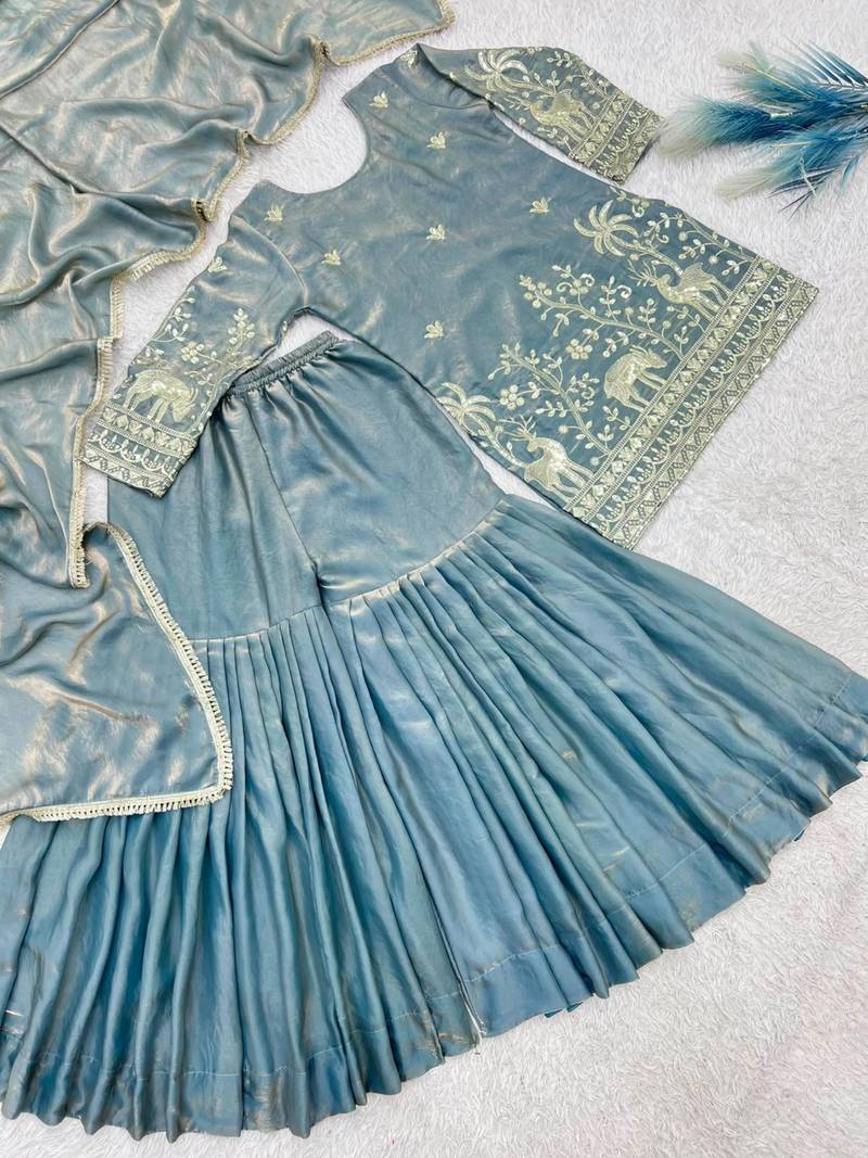 Grey silk blend embroidered sharara set