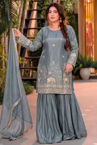 Grey silk blend embroidered sharara set