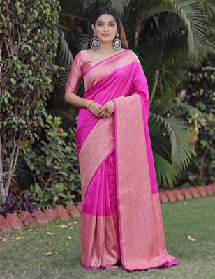 PINK ART SILK BANARASI JACUARD WORK SAREE WITH UNSTITCHED BLOUSE PIECE 1