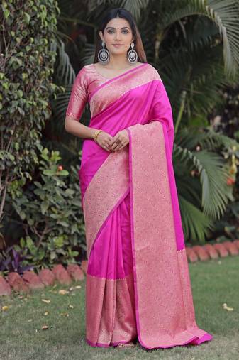 PINK ART SILK BANARASI JACUARD WORK SAREE WITH UNSTITCHED BLOUSE PIECE