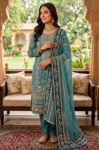 Green faux georgette embroidered kurta set