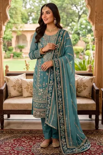 Green faux georgette embroidered kurta set