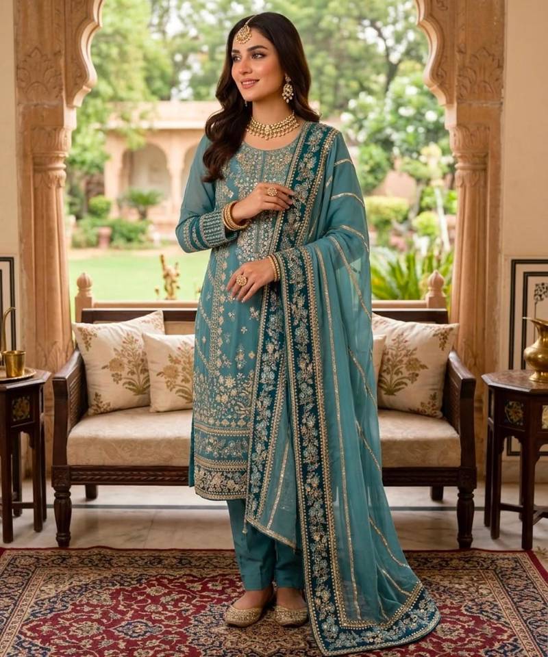 Green faux georgette embroidered kurta set