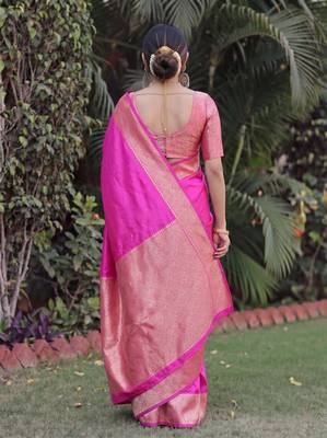 PINK ART SILK BANARASI JACUARD WORK SAREE WITH UNSTITCHED BLOUSE PIECE 2