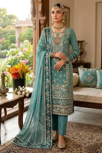 Green faux georgette embroidered kurta set