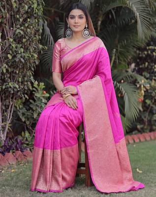 PINK ART SILK BANARASI JACUARD WORK SAREE WITH UNSTITCHED BLOUSE PIECE 3
