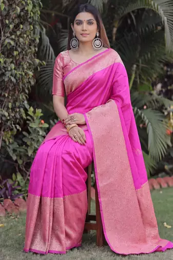 PINK ART SILK BANARASI JACUARD WORK SAREE WITH UNSTITCHED BLOUSE PIECE