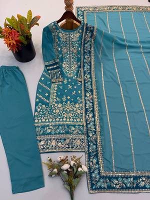Green faux georgette embroidered kurta set 3