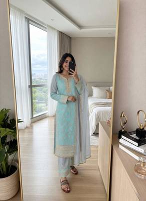 Blue faux georgette embroidered palazzo set 1