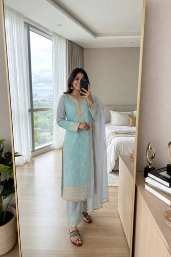 Blue faux georgette embroidered palazzo set