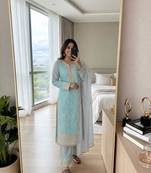 Blue faux georgette embroidered palazzo set