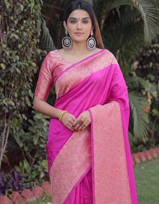 PINK ART SILK BANARASI JACUARD WORK SAREE WITH UNSTITCHED BLOUSE PIECE 4