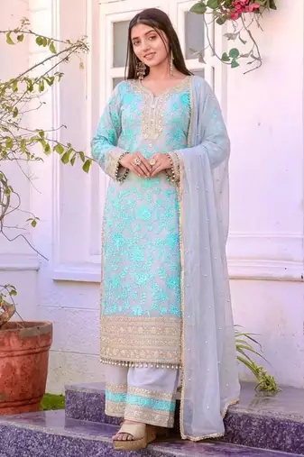 Blue faux georgette embroidered palazzo set