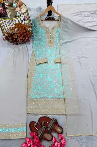 Blue faux georgette embroidered palazzo set