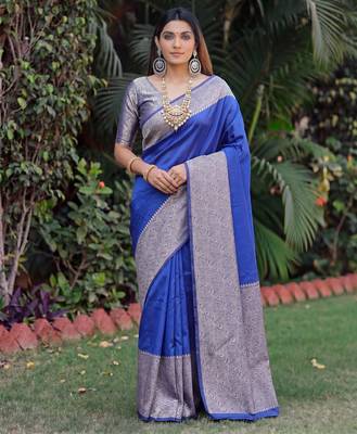 ROYAL BLUE ART SILK BANARASI JACUARD WORK SAREE WITH UNSTITCHED BLOUSE PIECE 1