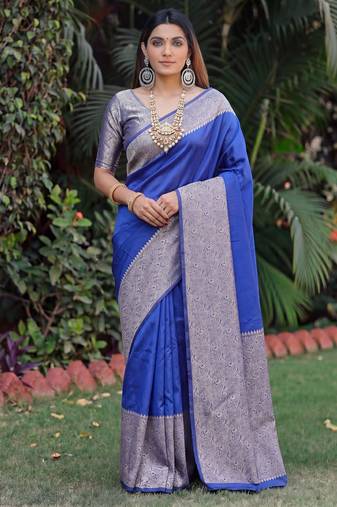 ROYAL BLUE ART SILK BANARASI JACUARD WORK SAREE WITH UNSTITCHED BLOUSE PIECE