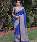 ROYAL BLUE ART SILK BANARASI JACUARD WORK SAREE WITH UNSTITCHED BLOUSE PIECE