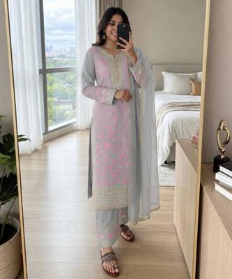Pink faux georgette embroidered palazzo set 1