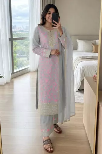 Pink faux georgette embroidered palazzo set