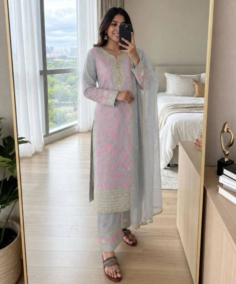 Pink faux georgette embroidered palazzo set