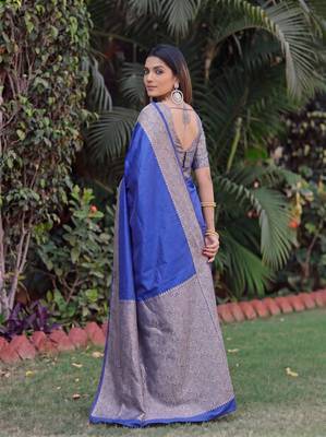 ROYAL BLUE ART SILK BANARASI JACUARD WORK SAREE WITH UNSTITCHED BLOUSE PIECE 2