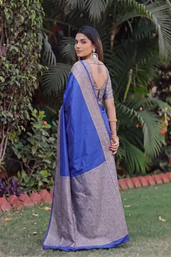 ROYAL BLUE ART SILK BANARASI JACUARD WORK SAREE WITH UNSTITCHED BLOUSE PIECE