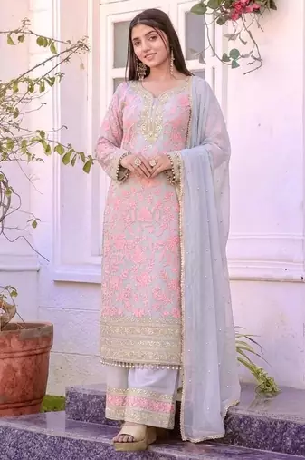 Pink faux georgette embroidered palazzo set