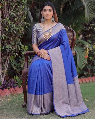 ROYAL BLUE ART SILK BANARASI JACUARD WORK SAREE WITH UNSTITCHED BLOUSE PIECE 3