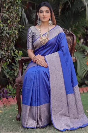 ROYAL BLUE ART SILK BANARASI JACUARD WORK SAREE WITH UNSTITCHED BLOUSE PIECE