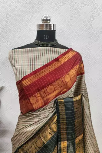 Beige silk blend woven saree withbengal handloom