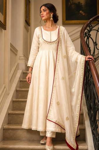 Cream cotton silk embroidered flared gown set