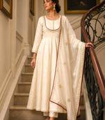 Cream cotton silk embroidered flared gown set