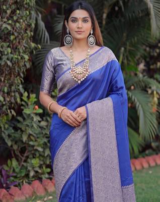 ROYAL BLUE ART SILK BANARASI JACUARD WORK SAREE WITH UNSTITCHED BLOUSE PIECE 4