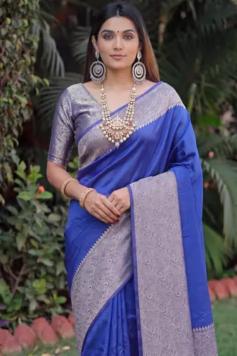 ROYAL BLUE ART SILK BANARASI JACUARD WORK SAREE WITH UNSTITCHED BLOUSE PIECE