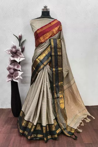 Beige silk blend woven saree withbengal handloom