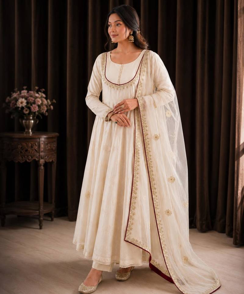 Cream cotton silk embroidered flared gown set