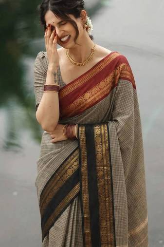 Beige silk blend woven saree withbengal handloom
