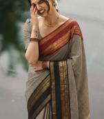 Beige silk blend woven saree withbengal handloom