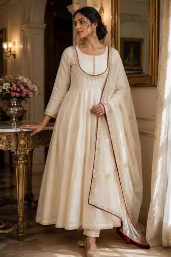 Cream cotton silk embroidered flared gown set