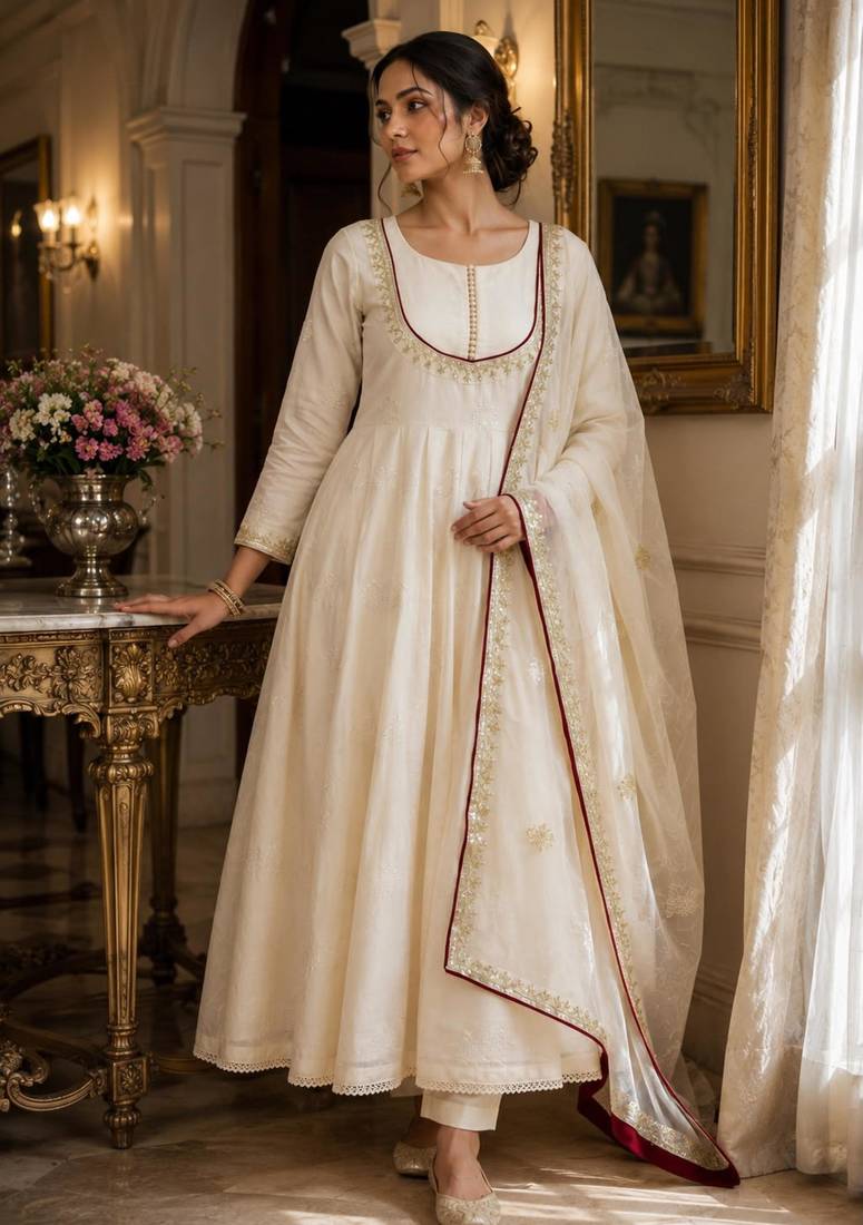 Cream cotton silk embroidered flared gown set