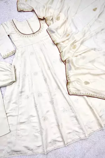 Cream cotton silk embroidered flared gown set