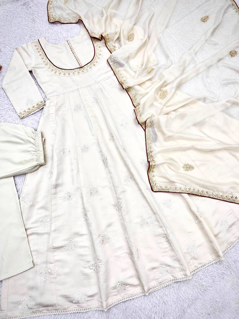 Cream cotton silk embroidered flared gown set