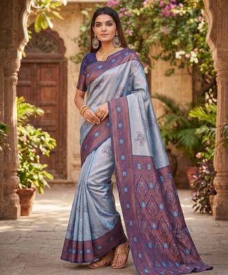 BLUE RAMA ART SILK BANARASI JACUARD WORK SAREE WITH UNSTITCHED BLOUSE PIECE 1