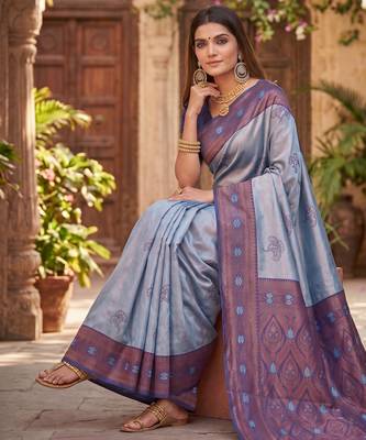 BLUE RAMA ART SILK BANARASI JACUARD WORK SAREE WITH UNSTITCHED BLOUSE PIECE 2