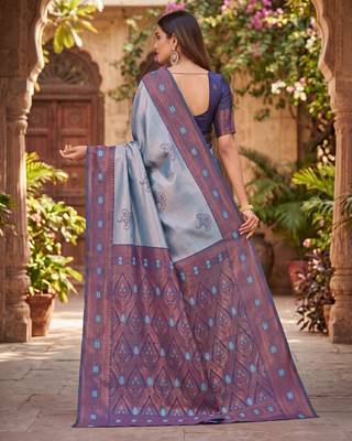 BLUE RAMA ART SILK BANARASI JACUARD WORK SAREE WITH UNSTITCHED BLOUSE PIECE 3